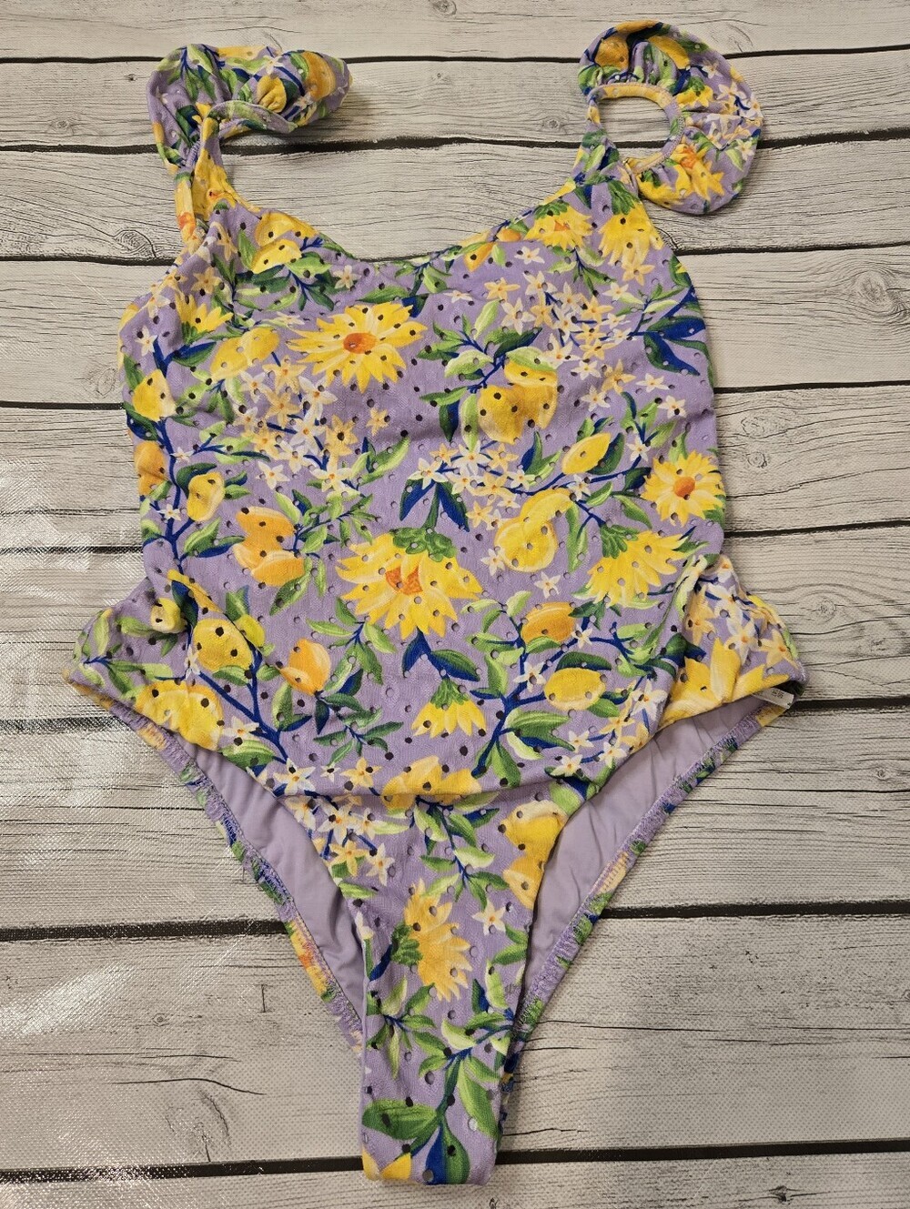 Farm Rio Praia One Piece Swimsuit US M Lavender Floral Lemon Ruffle Straps - Picture 2 of 11